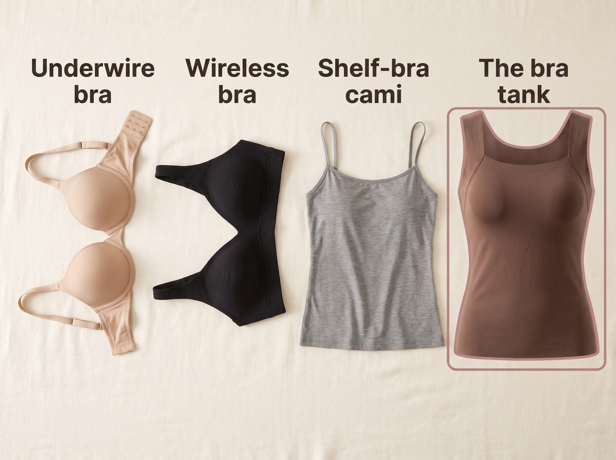 Underwire bra, wireless bra, shelf-bra cami and the bra tank side by side