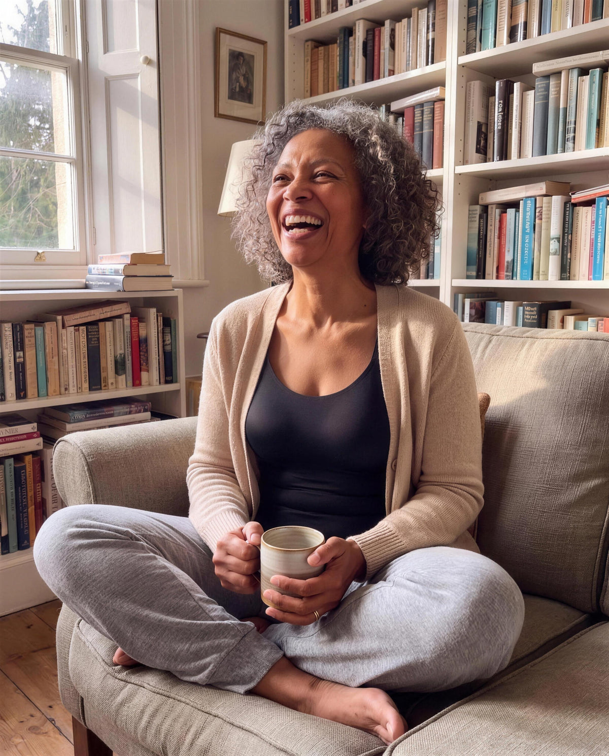 Woman relaxing at home in the black 3-in-1 Shaper Tank