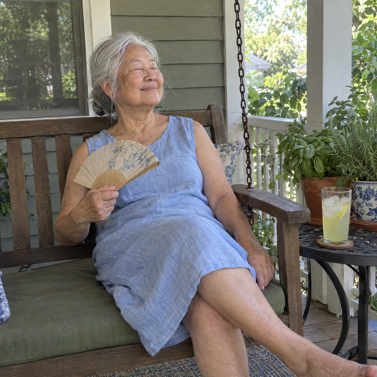 Woman relaxing on a porch swing on a hot day