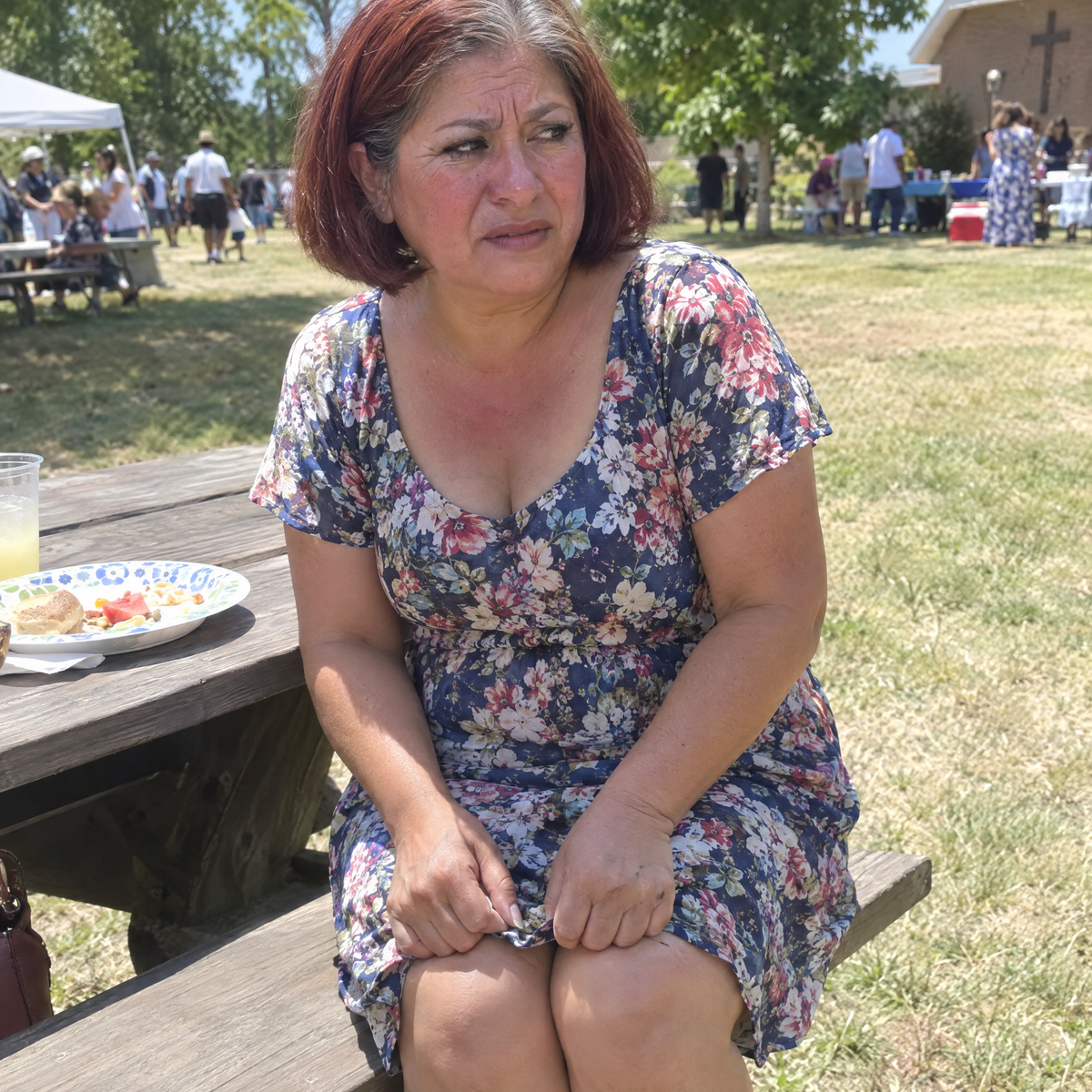 Woman uncomfortable in the heat tugging her dress down