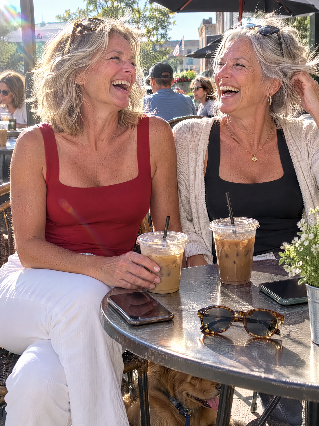 Two friends laughing at a cafe in the red and black tanks