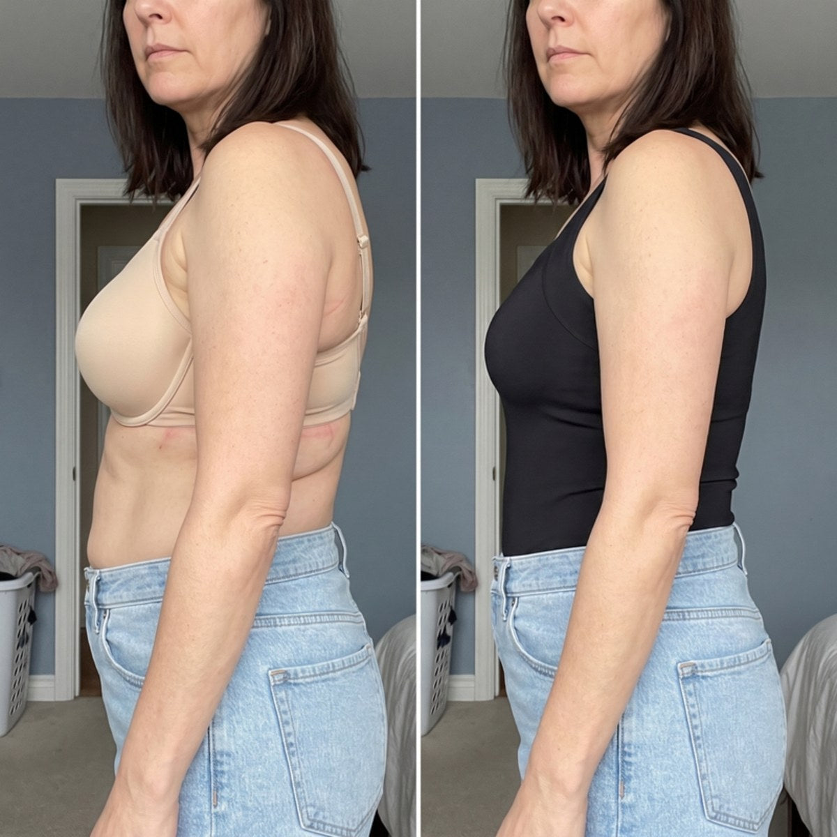 Avant : une brassière à bande qui marque les côtés et le dos. Après : le débardeur brassière, lisse sur les côtés.