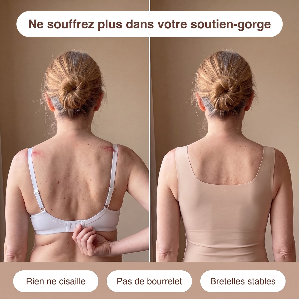 Avant / après : la bande du soutien-gorge qui marque le dos, puis le dos lisse avec le débardeur