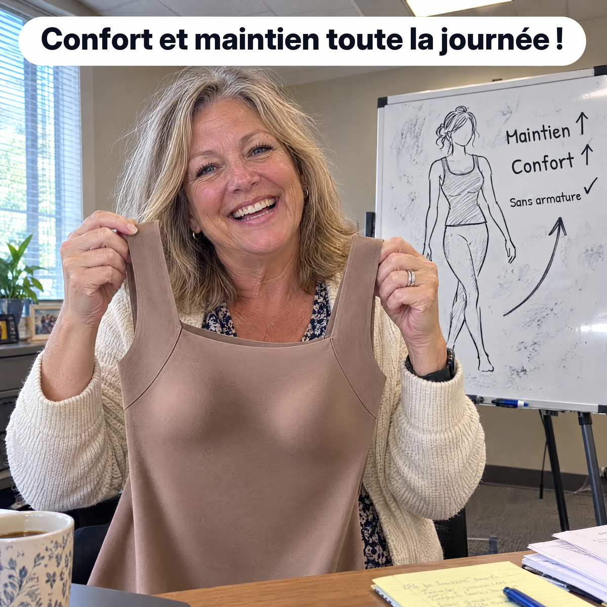 Une femme tient le débardeur devant un croquis au tableau blanc