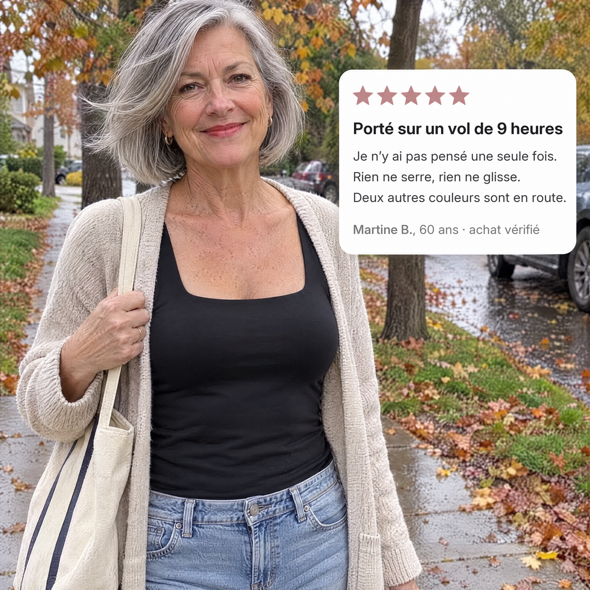 Une femme porte le débardeur noir sous un gilet, avec son avis
