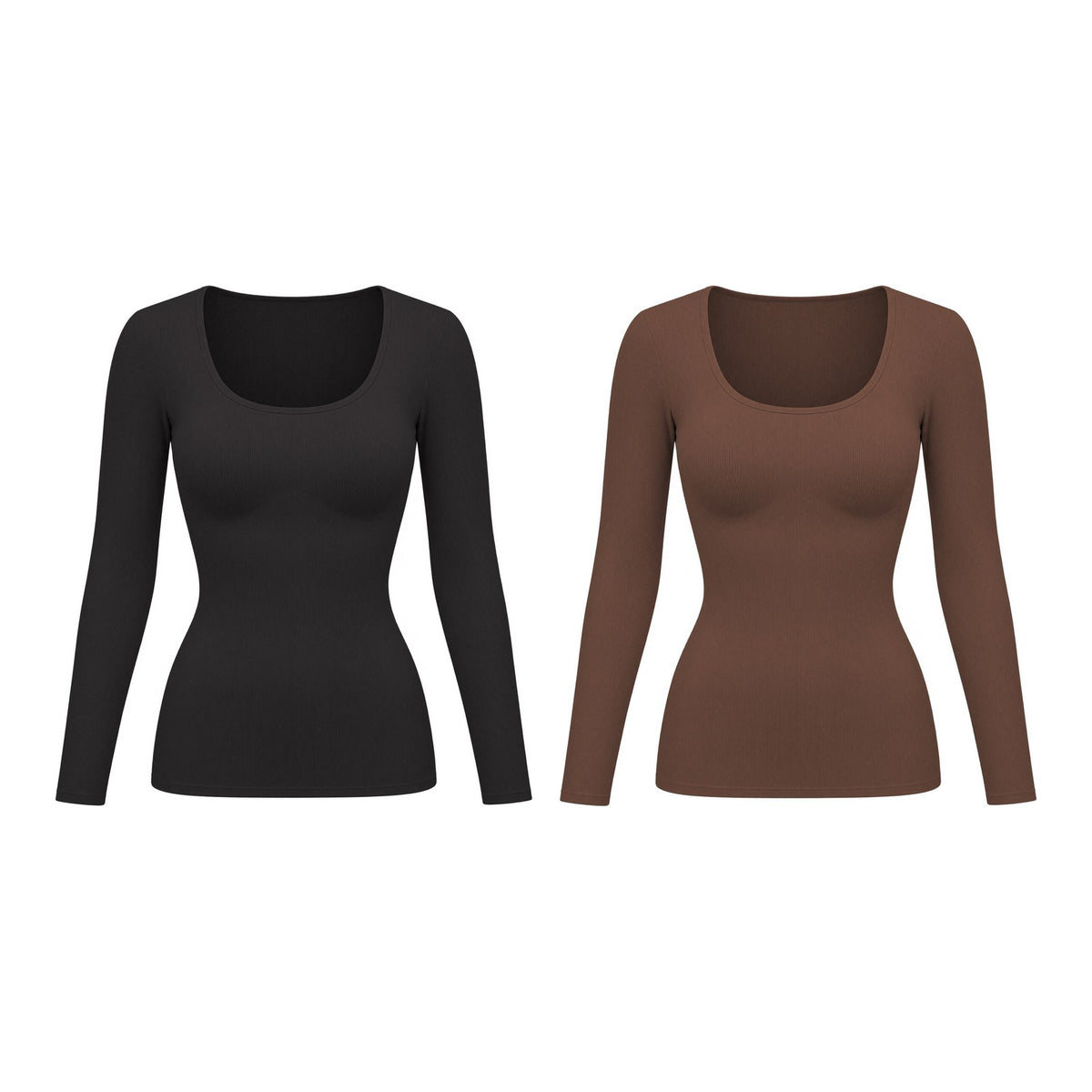 The Long-Sleeve Built-In Bra Top — 2-Pack Black + Mocha
