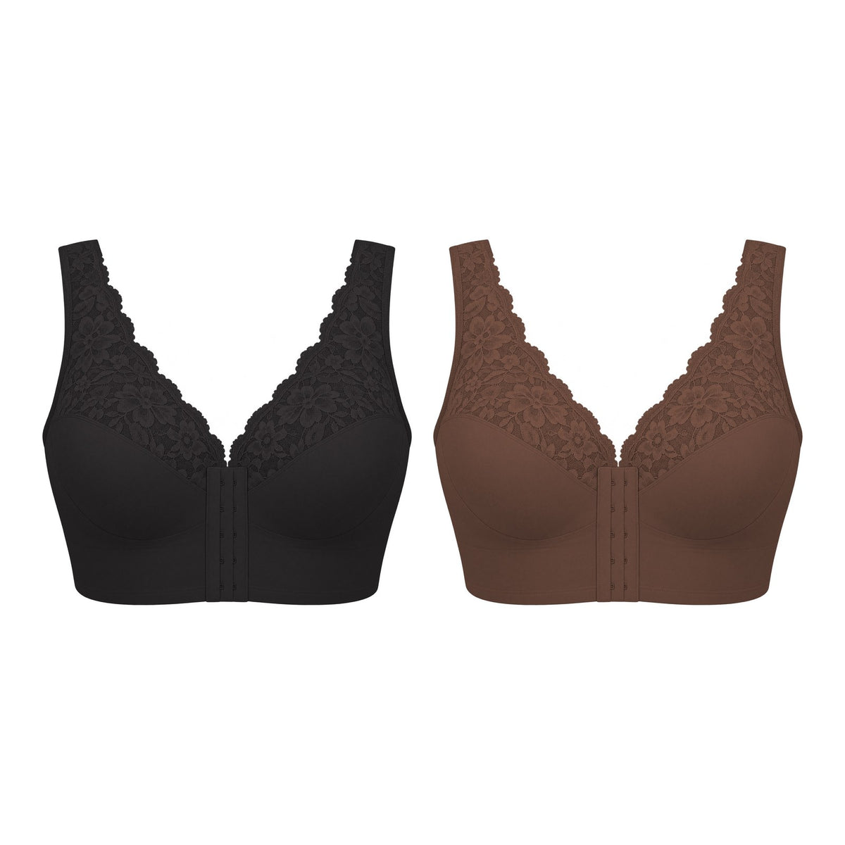 The Front-Closure Lace Bra — 2-Pack Black + Mocha