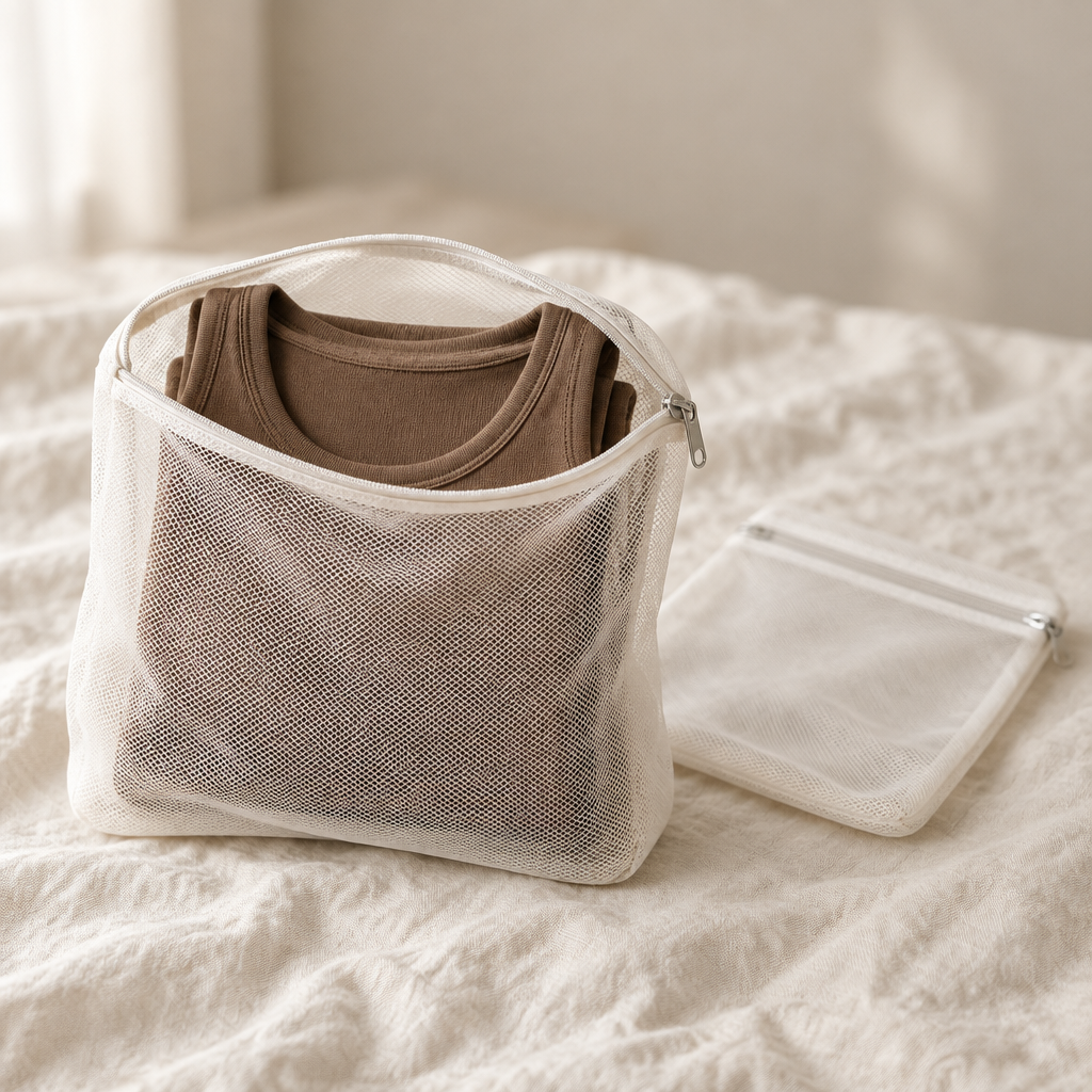 A folded mocha tank inside the open mesh wash bag, ready for the machine