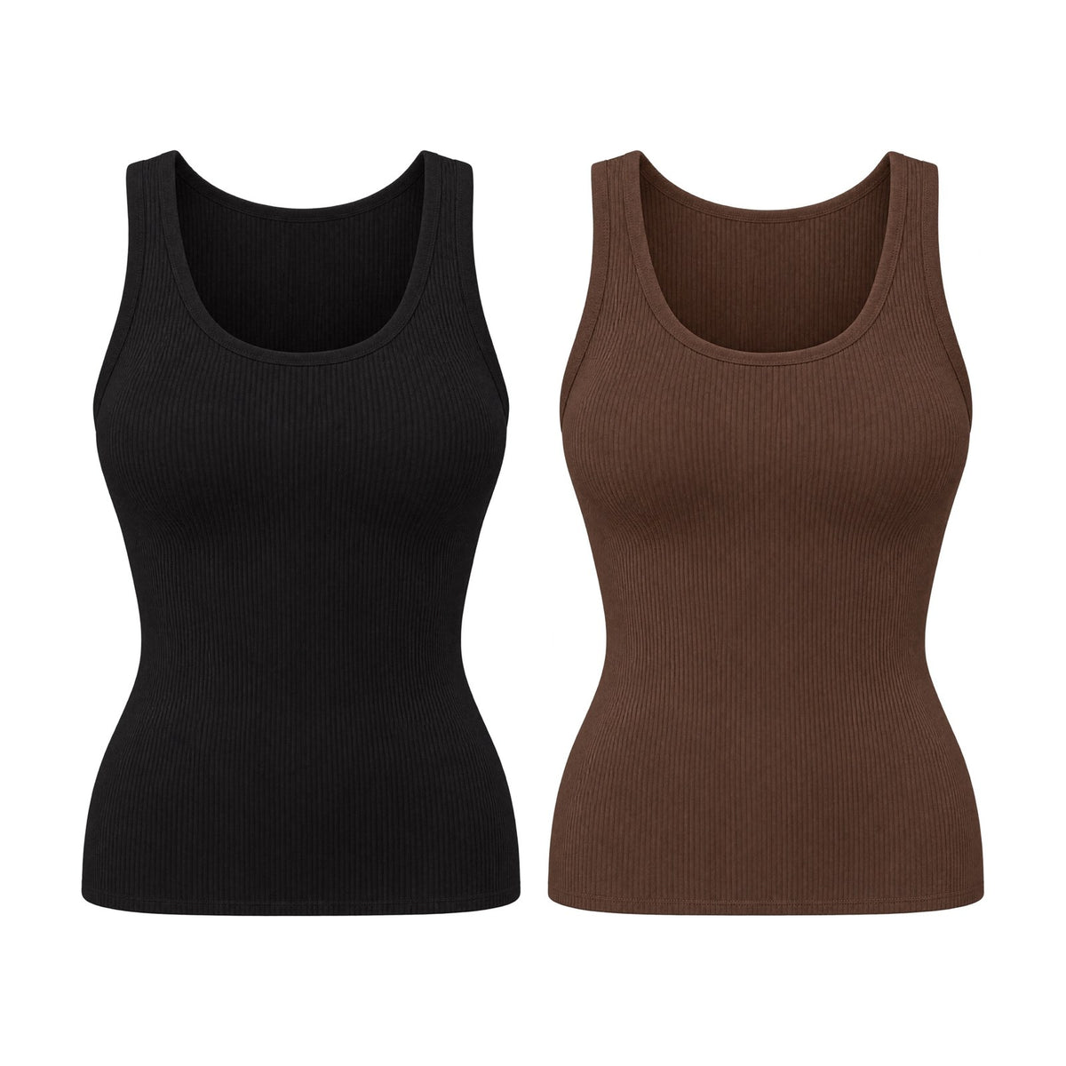 Débardeur côtelé avec soutien-gorge intégré — lot de 2 Noir + Moka