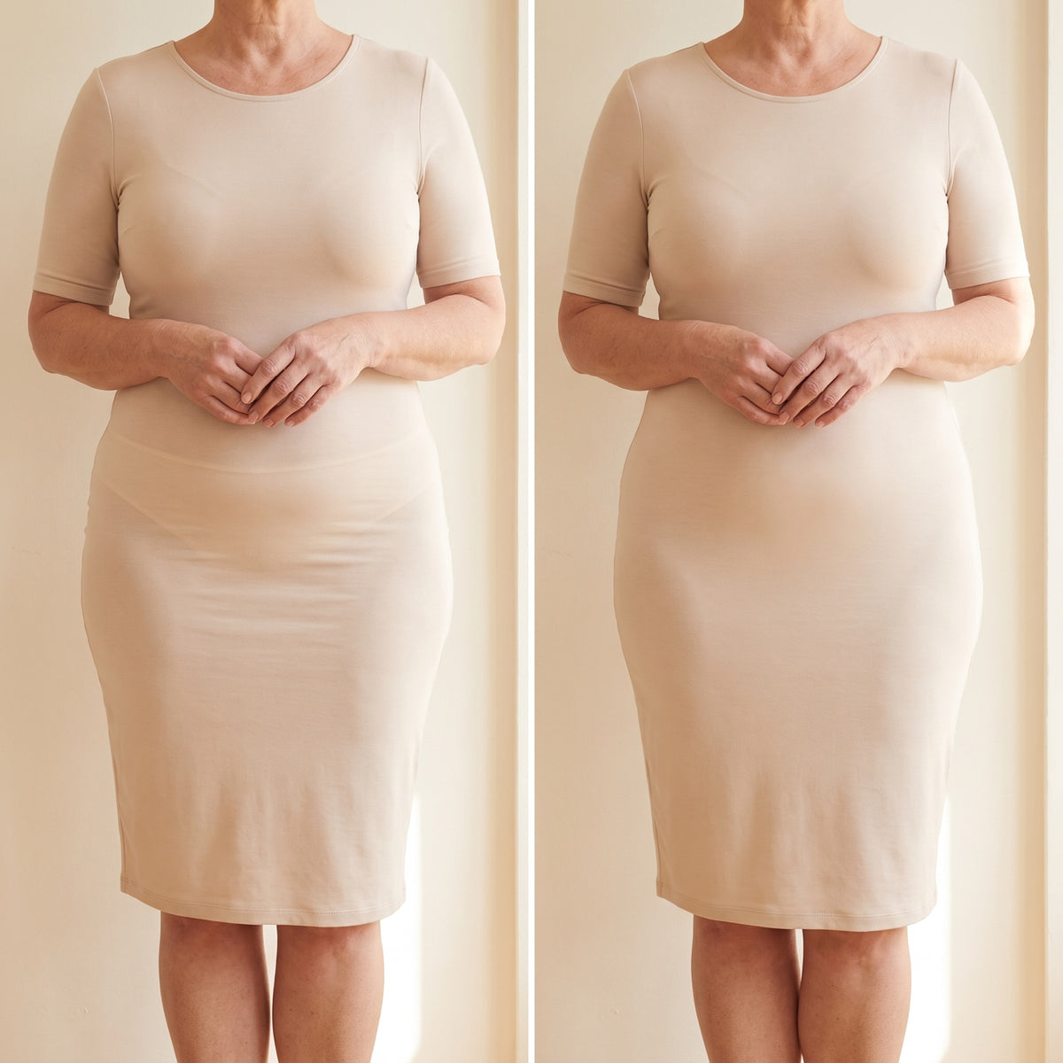 The Mid-Thigh Smoothing Short — side-by-side comparison, dress