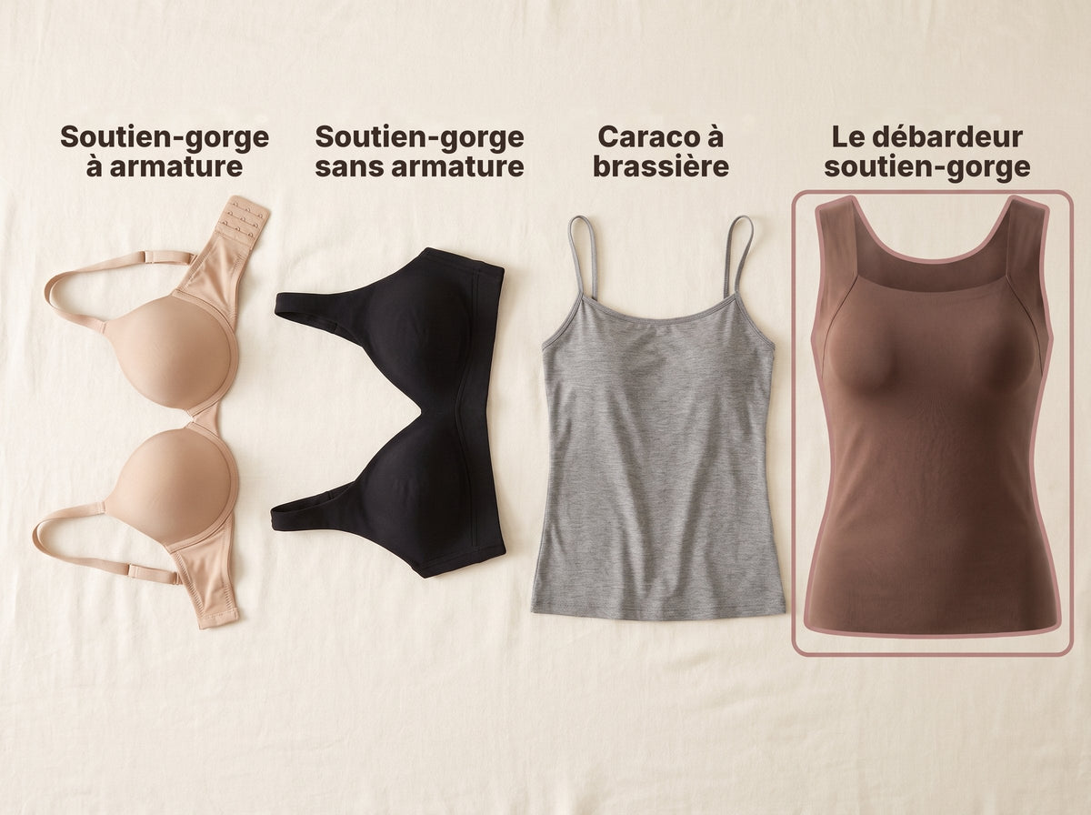 Soutien-gorge à armature, soutien-gorge sans armature, caraco à brassière et le débardeur soutien-gorge, posés côte à côte