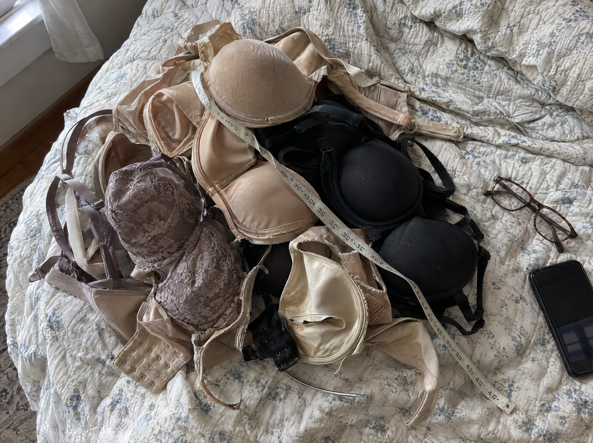A pile of old bras and a tape measure on a bed