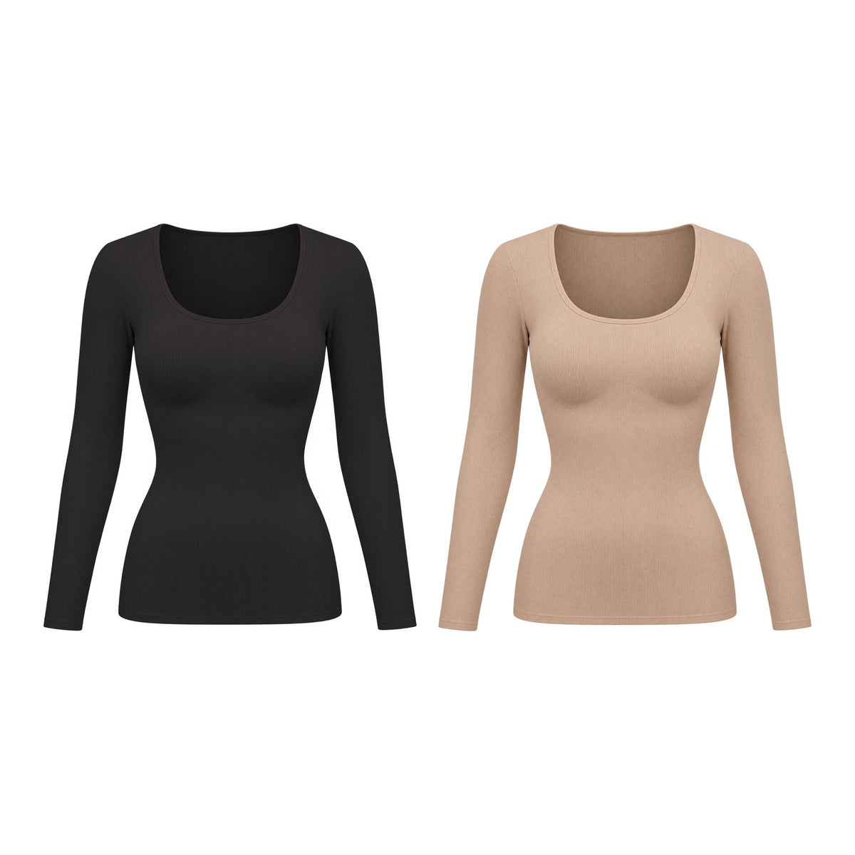 The Long-Sleeve Built-In Bra Top — 2-Pack Black + Nude