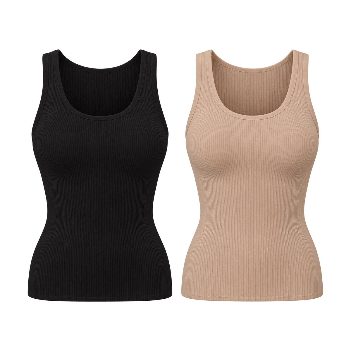 Débardeur côtelé avec soutien-gorge intégré — lot de 2 Noir + Nude