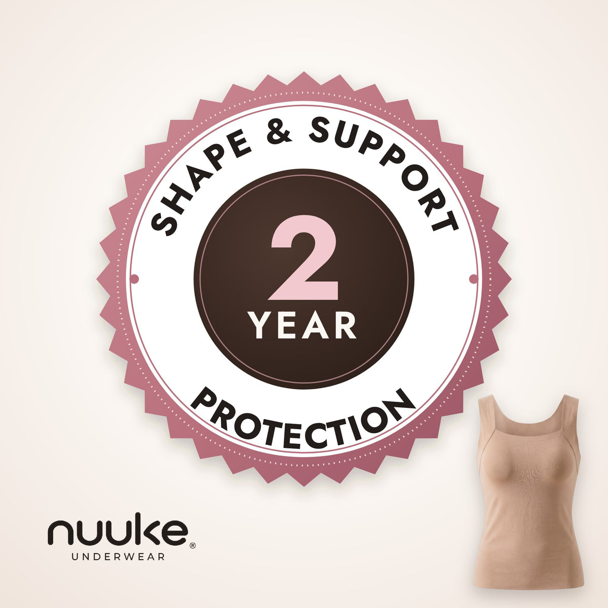 Nuuke 2-Year Shape & Support Protection badge with a Nuuke built-in bra tank