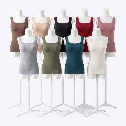 The Built-In Bra Tank in 9 colors on mannequins: mocha, nude, black, red, dusty rose, grey, olive, teal, white