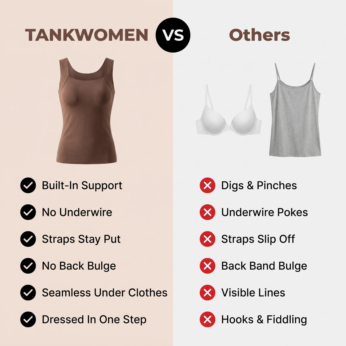 The tank compared with an underwire bra and a basic camisole