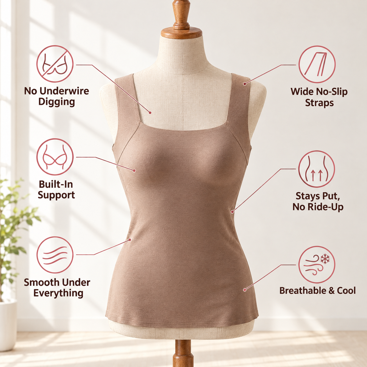 Nude tank on a dress form with six benefits