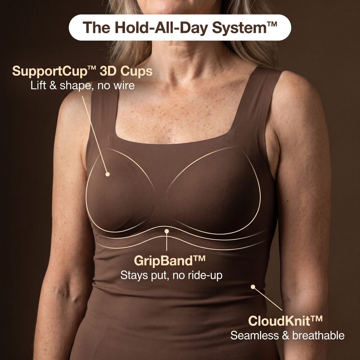 The Hold-All-Day System: two molded 3D cups sewn in on all four sides, a soft band under the bust, seamless breathable knit
