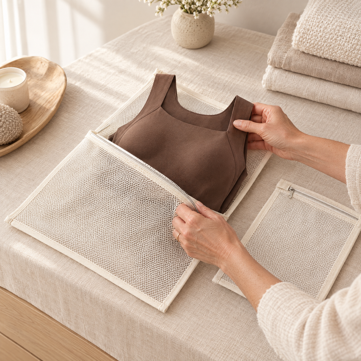 Hands zipping a folded mocha Nuuke tank into the large mesh wash bag