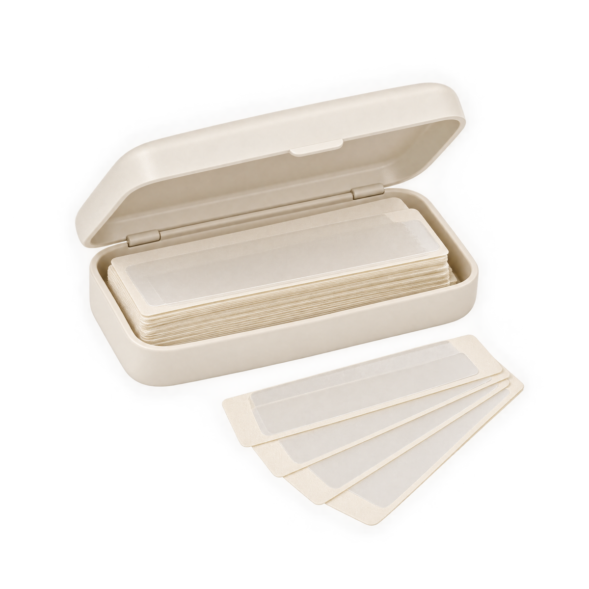 Double-sided body tape travel kit with pre-cut strips in a small ivory case