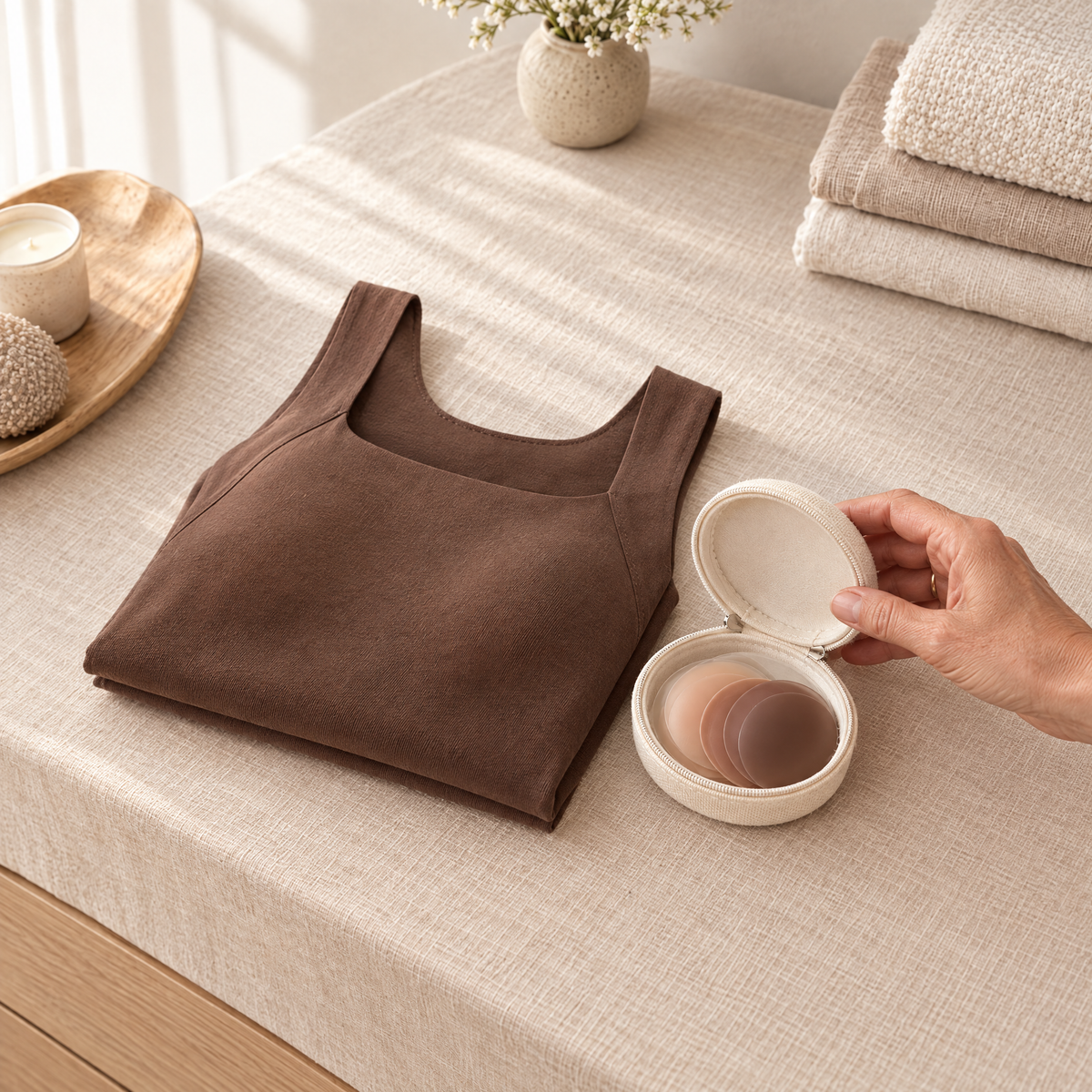 Silicone nipple covers in their case next to a folded mocha Nuuke tank