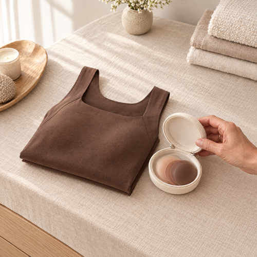 Silicone nipple covers in their case next to a folded mocha Nuuke tank