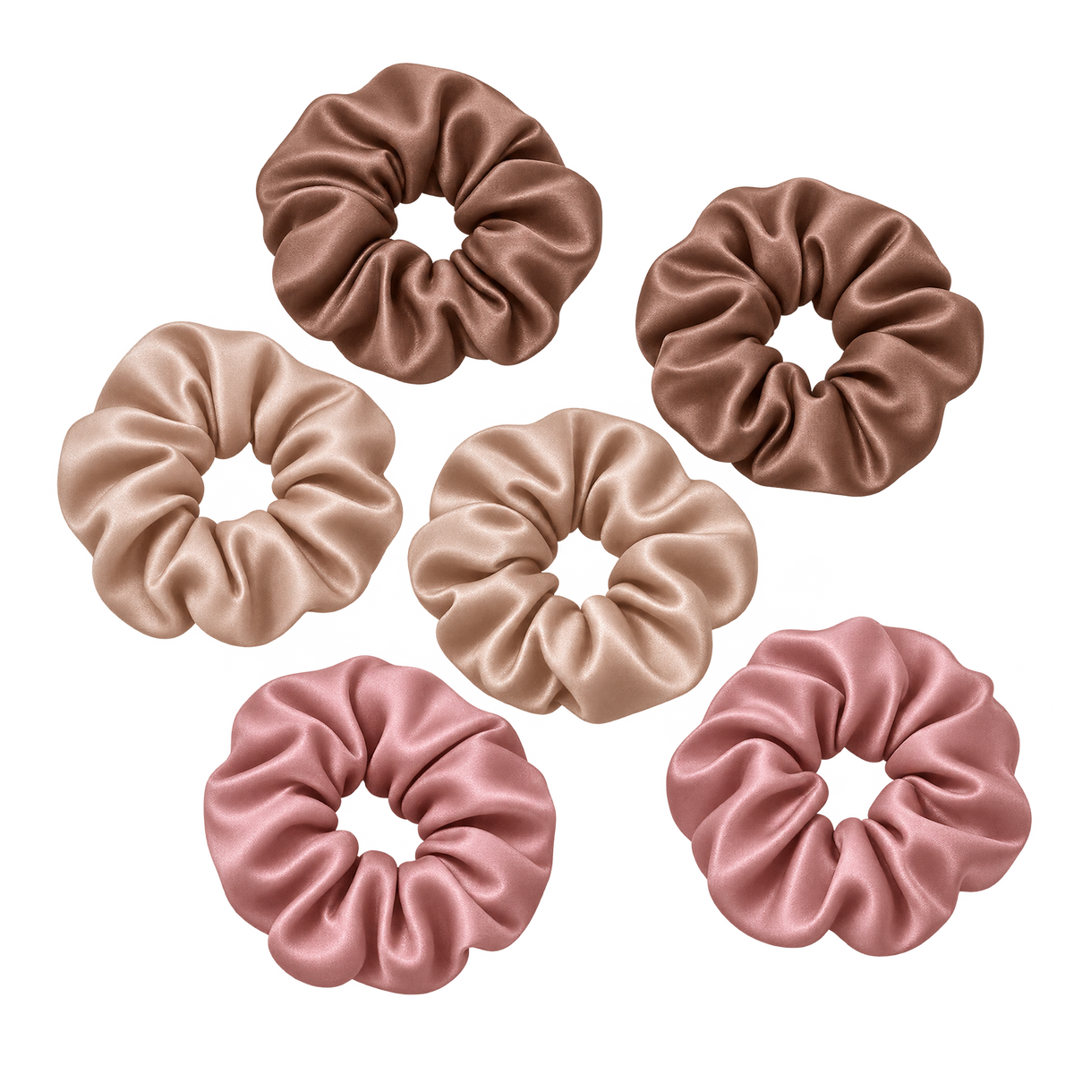 Six satin scrunchies in mocha, nude and dusty rose