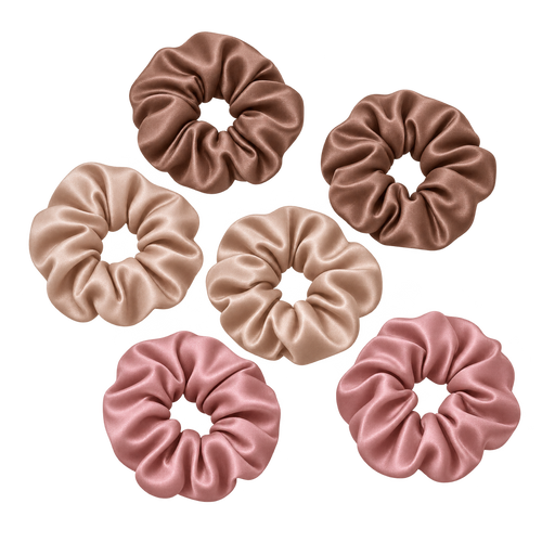 Six satin scrunchies in mocha, nude and dusty rose