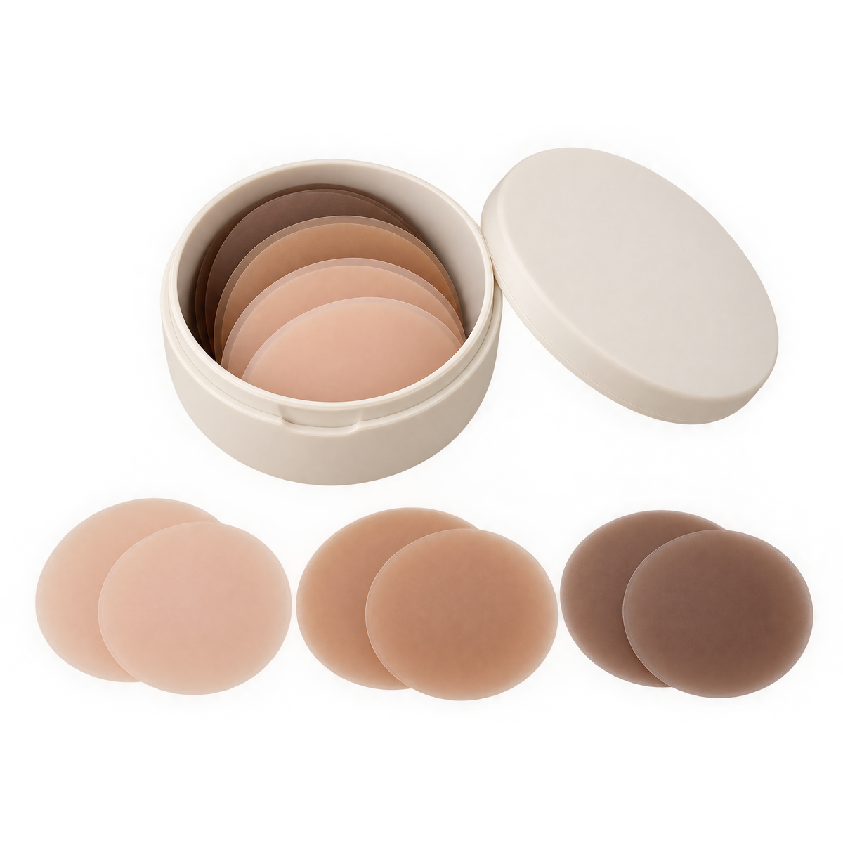 Three pairs of reusable silicone nipple covers in light nude, medium nude and mocha with their travel case