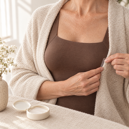 Woman using a strip of body tape to keep her cardigan in place over a mocha Nuuke tank