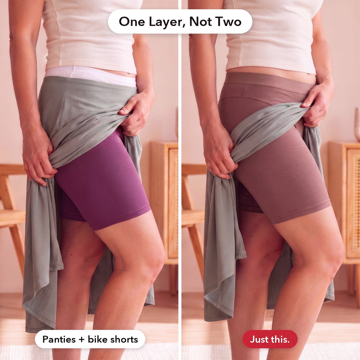 One layer, not two: panties plus bike shorts vs the 3-in-1 Boxer Shorts