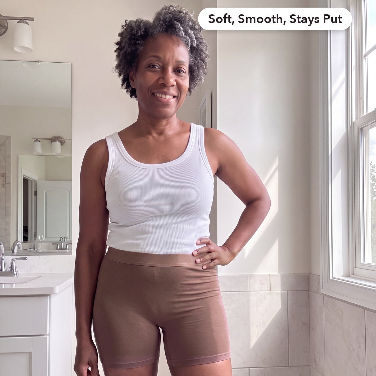 Woman wearing the Nuuke 3-in-1 Bamboo Boxer Shorts in mocha