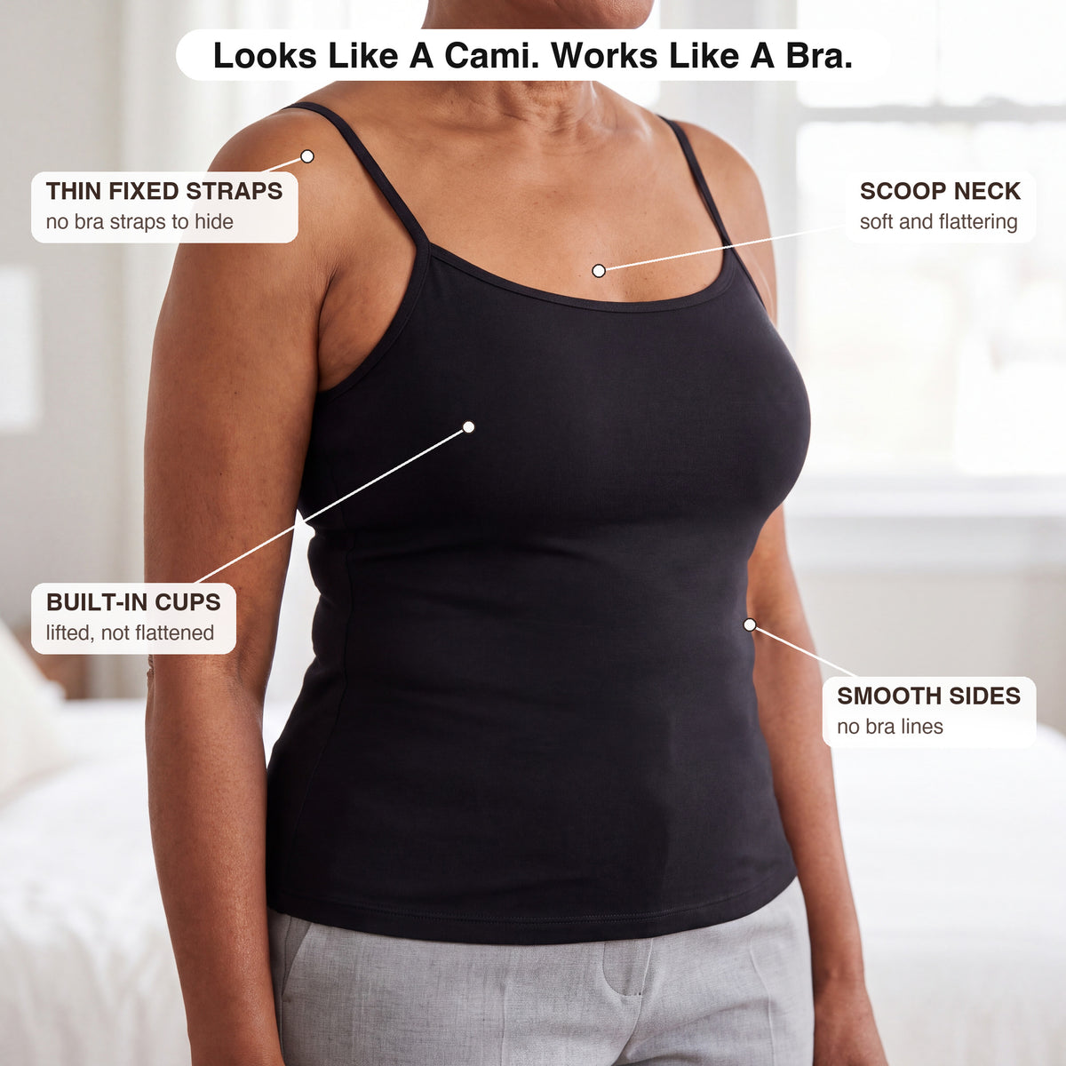 The Built-In Bra Camisole worn — looks like a top, works like a bra