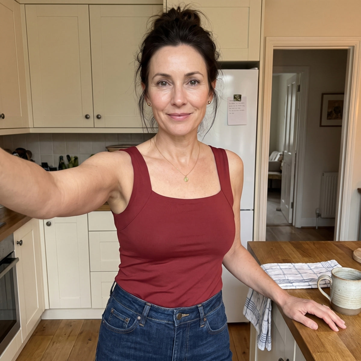 Woman in her kitchen wearing the red tank, relaxed