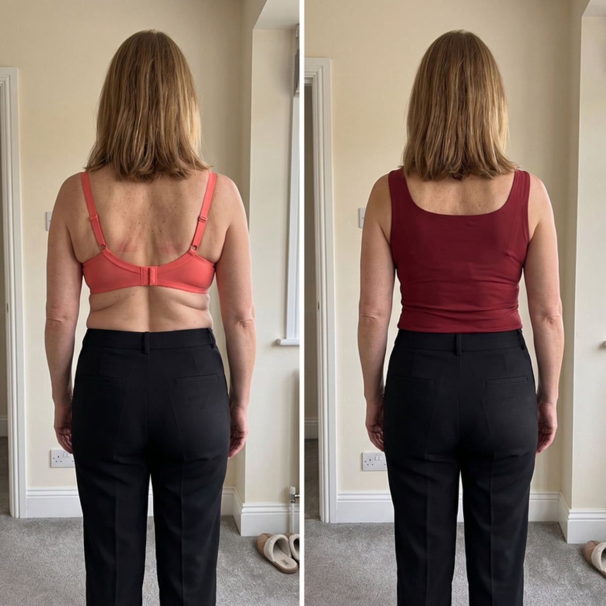 Same woman from the back: bra band digging in, then the tank, smooth