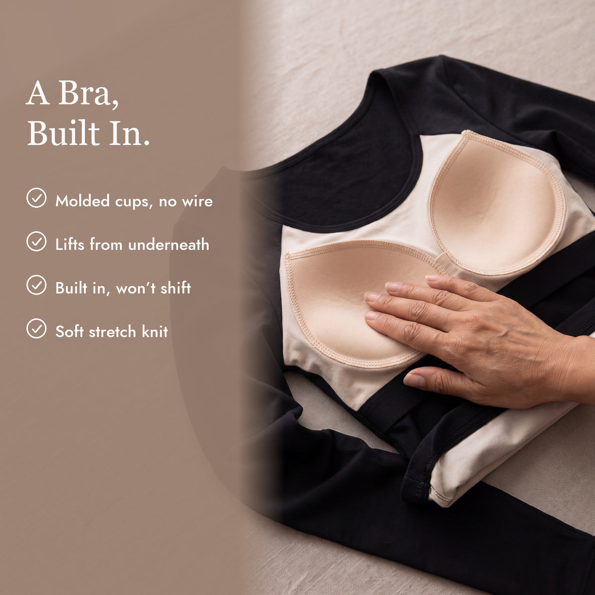 Inside the The Built-In Bra Long-Sleeve Comfort T-Shirt: molded cups built in