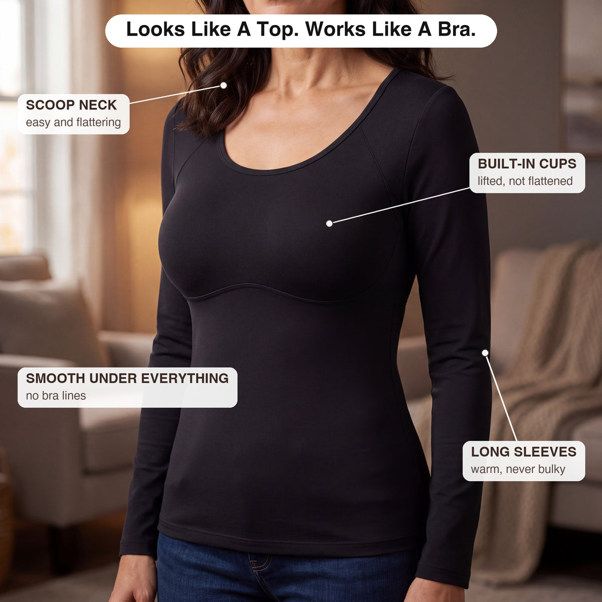 The Built-In Bra Long-Sleeve Comfort T-Shirt worn — looks like a top, works like a bra