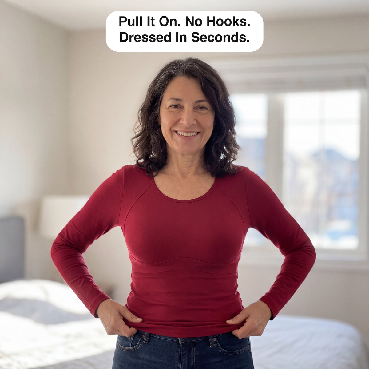 Pulling on the The Built-In Bra Long-Sleeve Comfort T-Shirt, no hooks