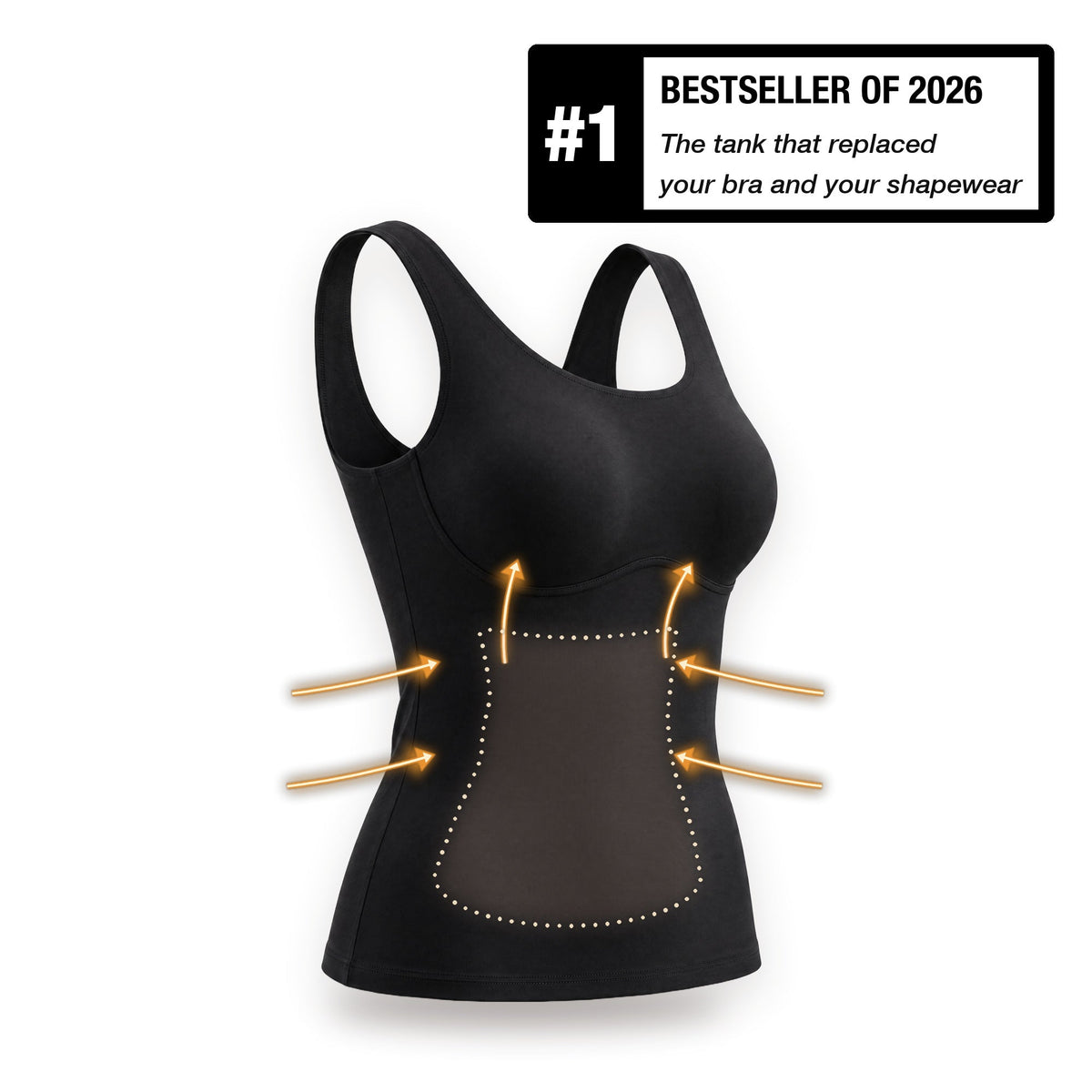The 3-in-1 Shaper Tank in Jet Black: built-in cups lift, double-layer tummy panel, shaped waist