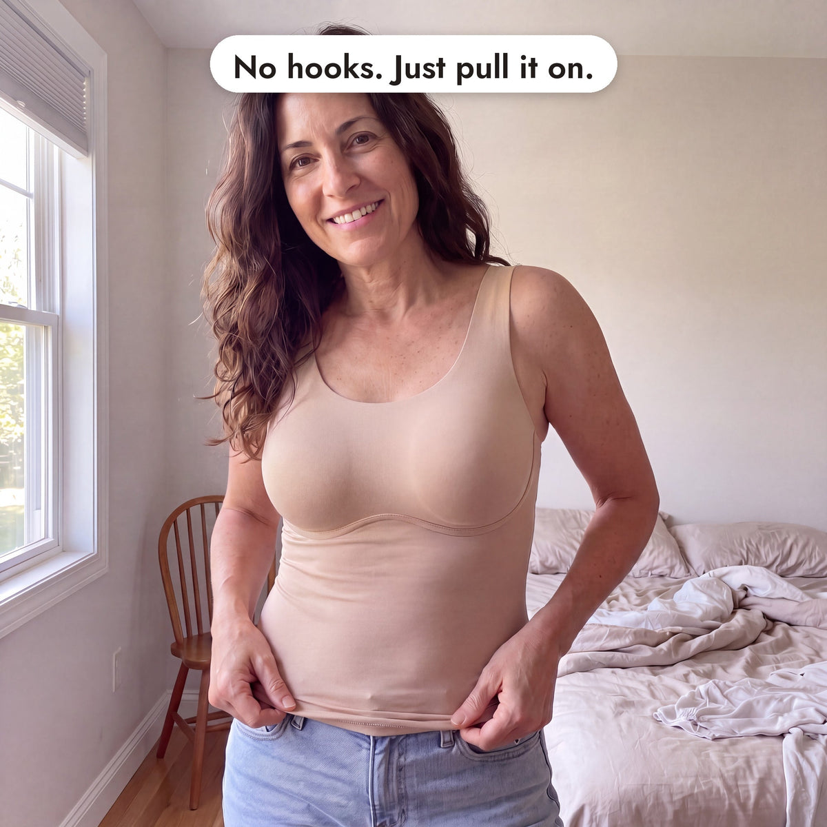 No hooks. Just pull it on.