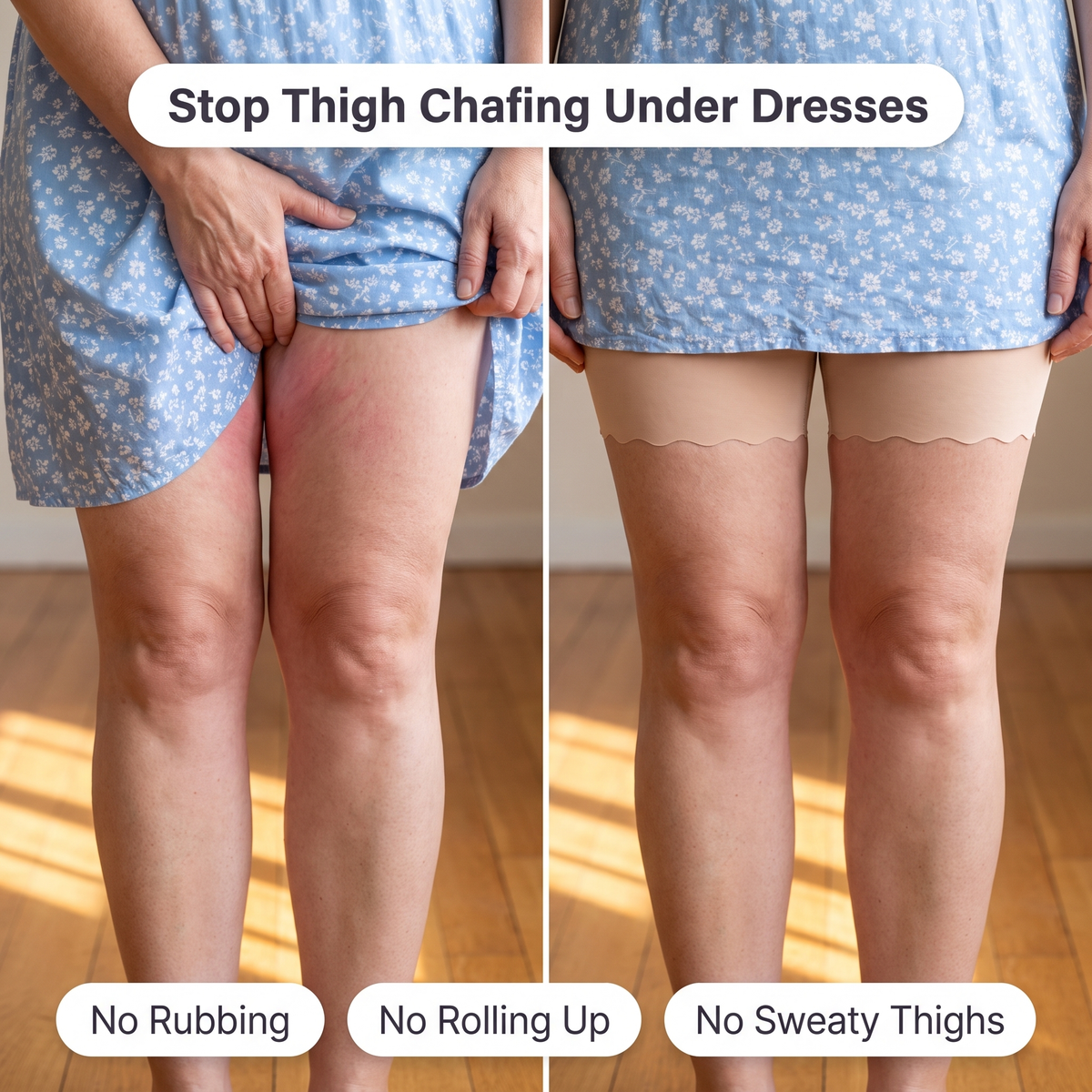 Stop thigh chafing under dresses: no rubbing, no rolling up, no sweaty thighs