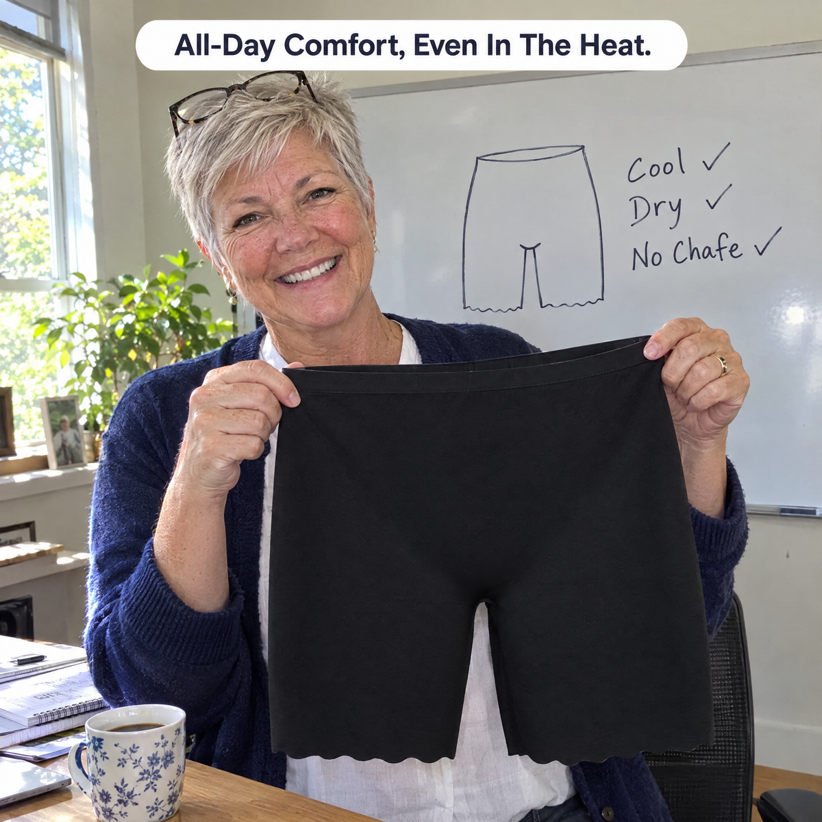 Woman holding the midnight panty in front of a whiteboard: cool, dry, no chafe