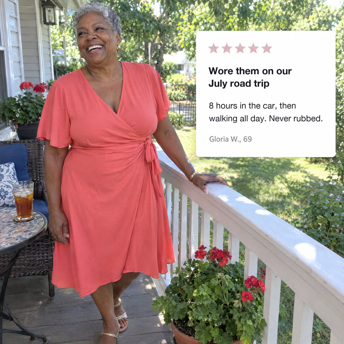 Woman in a summer dress on her porch with a review