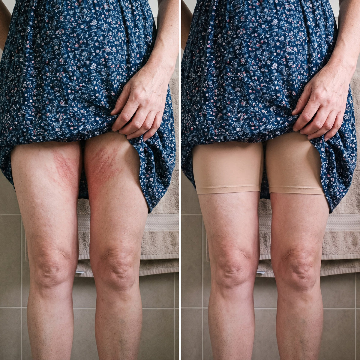 Before: red, irritated inner thighs. After: the same legs in the Soft Nude bamboo boxer, calm skin