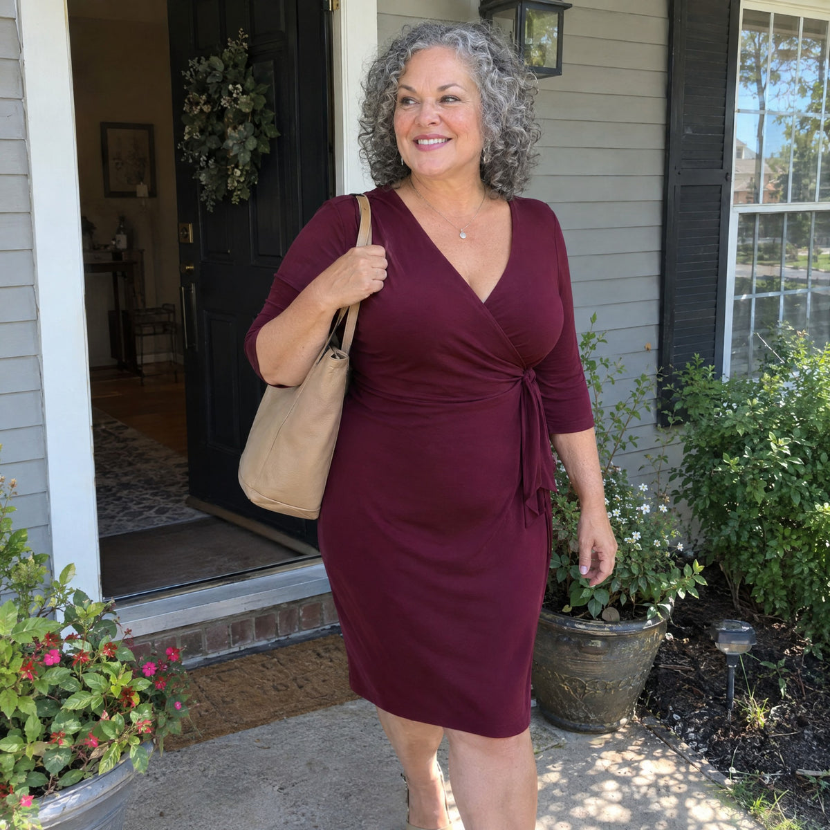 Comfortable all day under a burgundy wrap dress