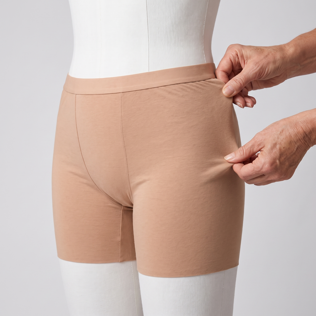 Hands pinching the soft stretchy bamboo fabric on a dress form