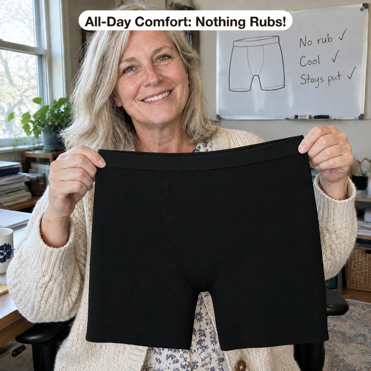 Woman holding the Onyx boxer in front of a whiteboard: no rub, cool, stays put