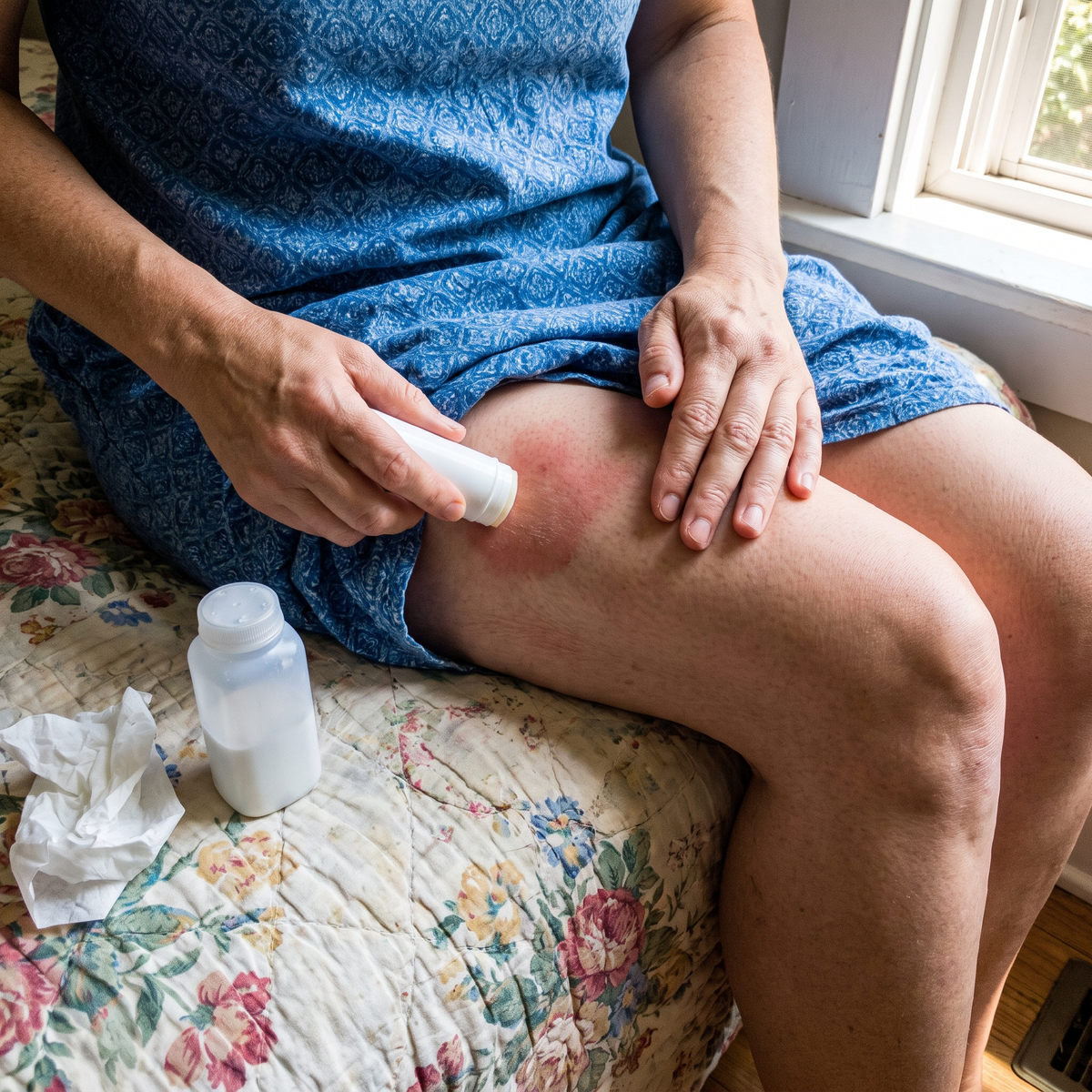 Applying anti-chafing balm to an irritated inner thigh