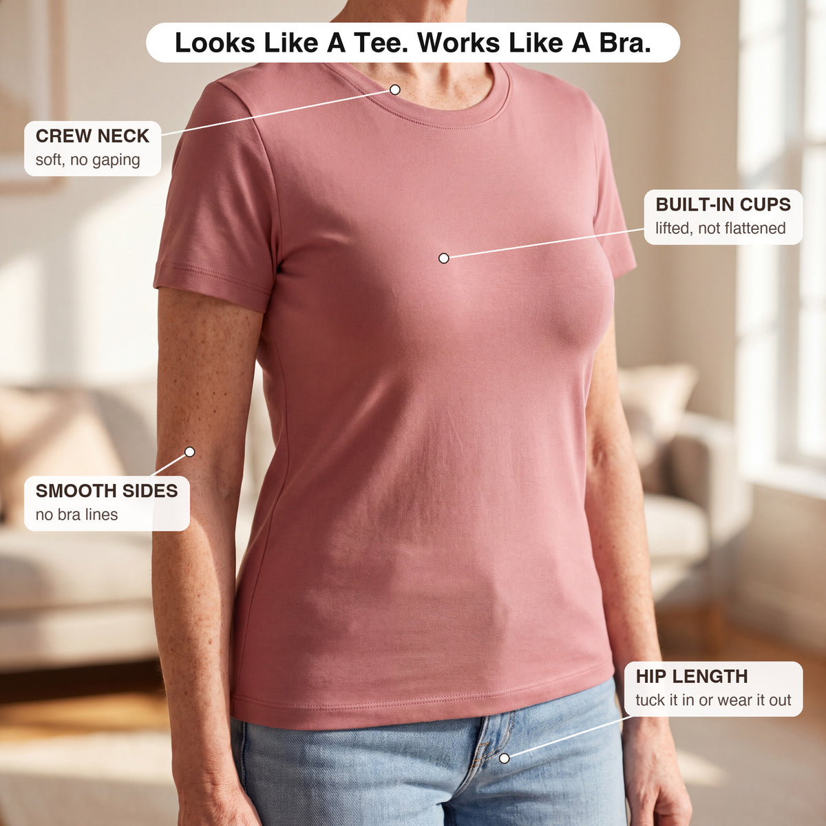 The Built-In Bra Comfort T-Shirt worn — looks like a top, works like a bra